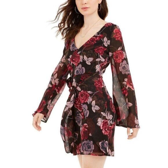GUESS NWT $108 Black/Red V-Neck Floral Short Dress - Picture 3 of 8